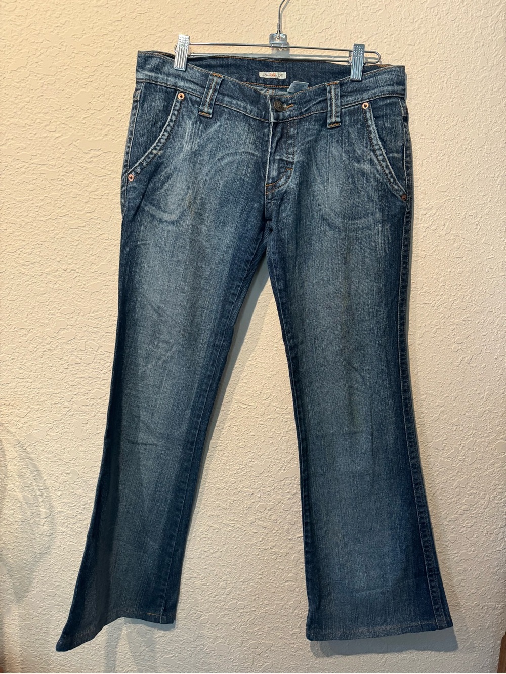 Frankie B. Blue Denim Flared Jeans with Colorful Embroidered Butterfly Pockets - Picture 2 of 6